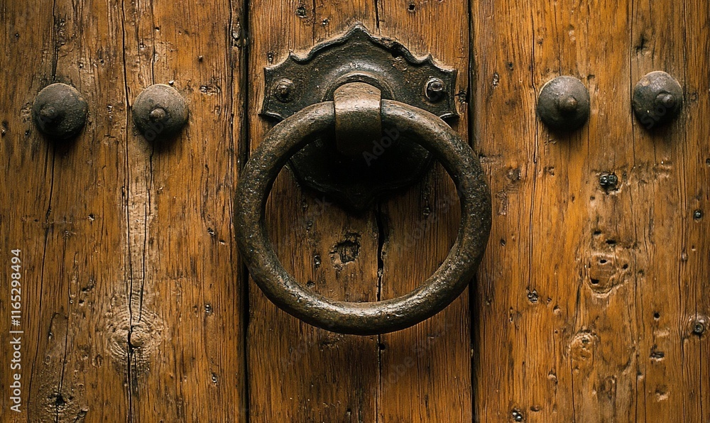 Antique iron door knocker on weathered wood door. Antique iron door knocker on weathered wood door.