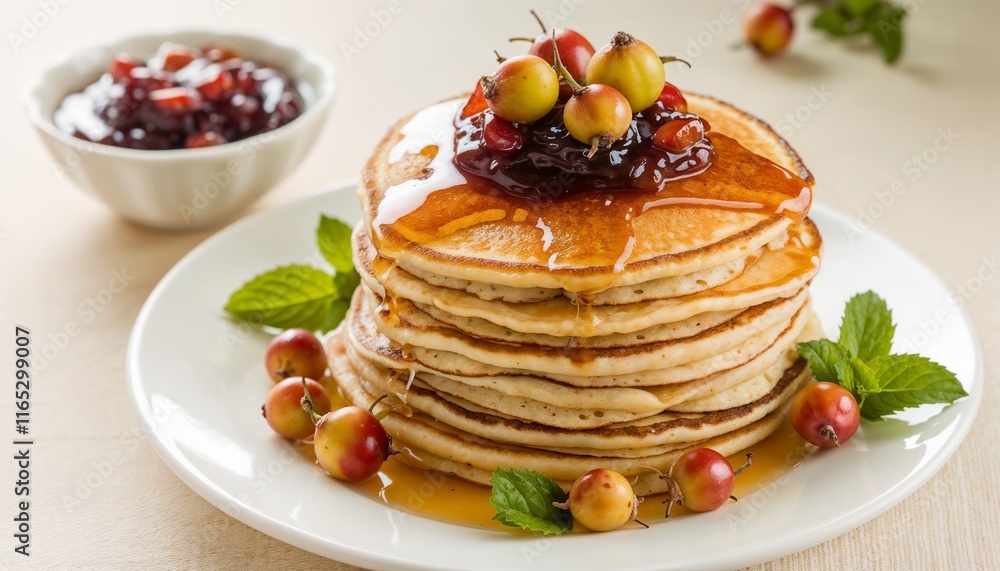 Fluffy pancakes topped with rosehip jam and honey drizzle, garnished with fresh rosehips and mint on a white plate Fluffy pancakes topped with rosehip jam and honey drizzle, garnished with fresh rosehips and mint on a white plate