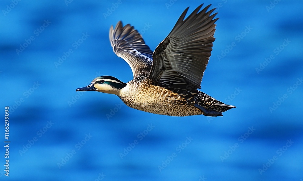Australian wood duck in flight over blue water. Australian wood duck in flight over blue water.