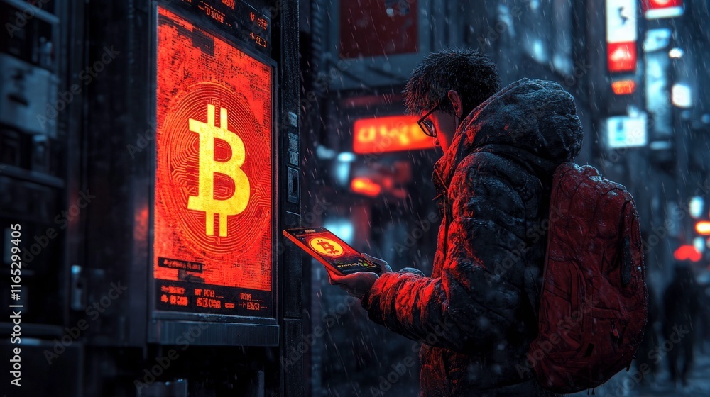 Fototapeta premium Person in a Rainy City Holding a Tablet While Interacting with a Bitcoin Display in Neon Red Illuminated Streets
