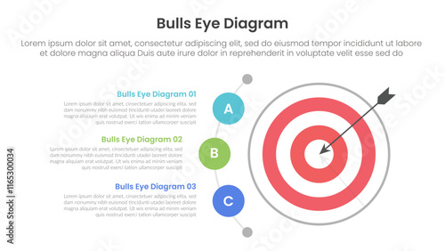 bulls eye diagram infographic template banner with big dart and half circular point description with 3 point for slide presentation