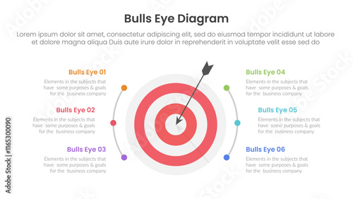 bulls eye diagram infographic template banner with big dart on center with half circle line spread with 6 point for slide presentation