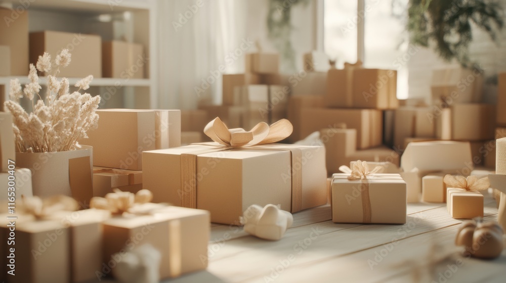 A scene focusing on parcel packaging standards, with a variety of eco-friendly and secure wrapping materials A scene focusing on parcel packaging standards, with a variety of eco-friendly and secure wrapping materials
