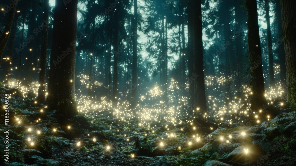 Fototapeta premium Enchanted Forest Glowing Fireflies Mystical Night Scene Fantasy Nature