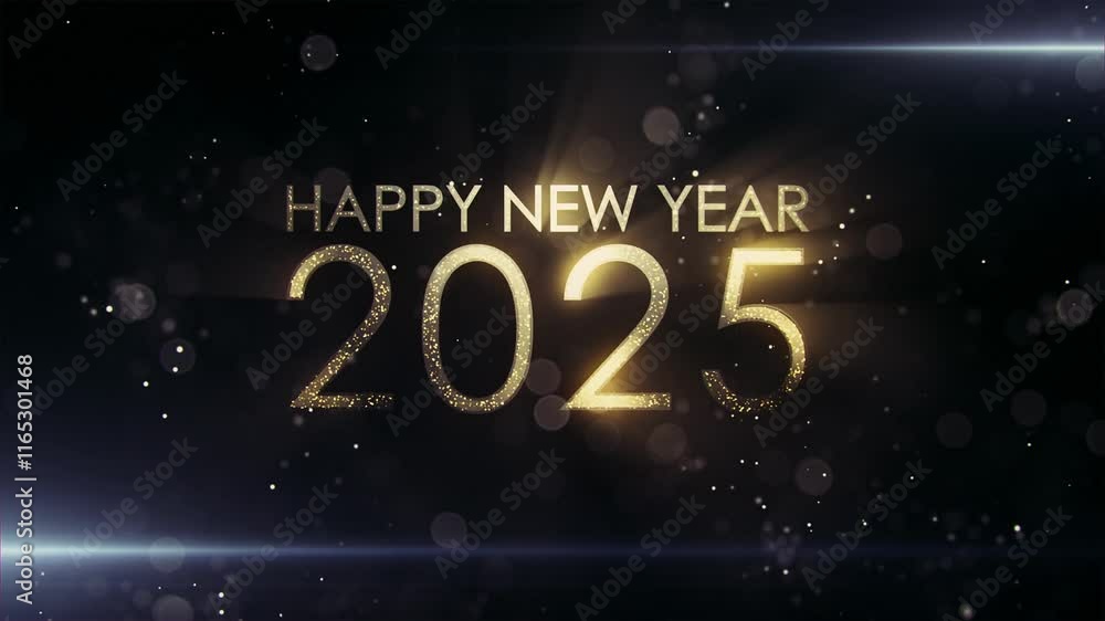 During the New Year's Eve countdown celebration, a 4K loop seamless of fireworks for the year 2025 is displayed in the sky at night.