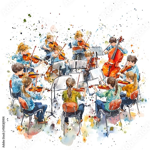 Watercolor painting of a youth string orchestra performing together.