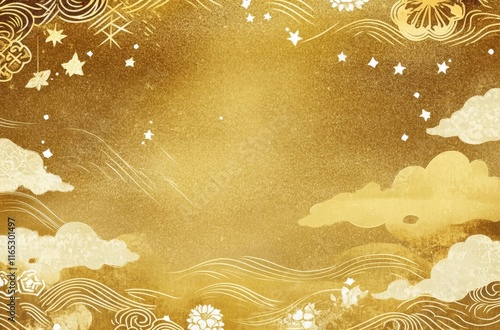 Golden celestial background with clouds, stars, and floral patterns. photo