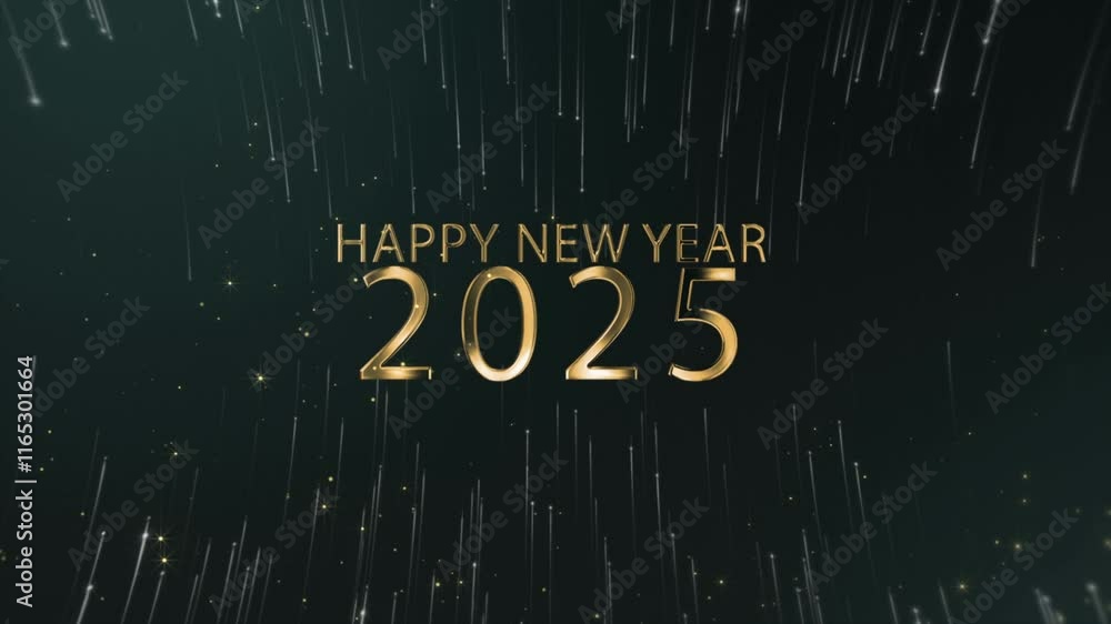 During the New Year's Eve countdown celebration, a 4K loop seamless of fireworks for the year 2025 is displayed in the sky at night.