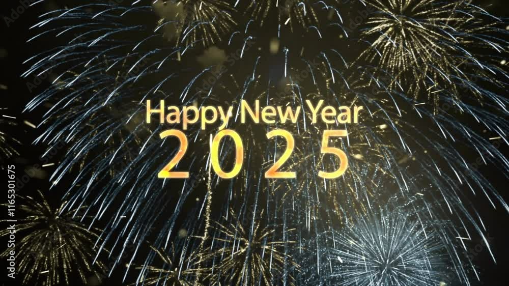 During the New Year's Eve countdown celebration, a 4K loop seamless of fireworks for the year 2025 is displayed in the sky at night.