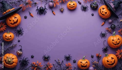 halloween background with copy space surrounded by halloween ornament, pumkins with different expression soft pastel color photo