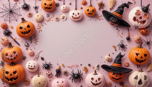 halloween background with copy space surrounded by halloween ornament, pumkins with different expression soft pastel color photo