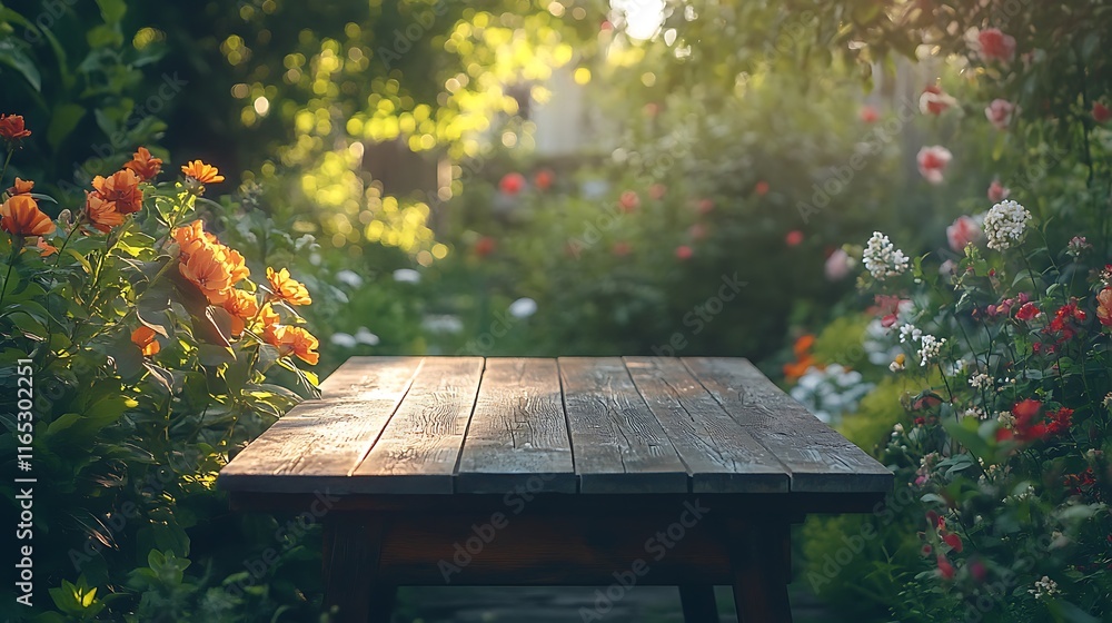 A wooden table nestled amidst green foliage and vibrant flowers, with sunlight gently illuminating the scene, creating a tranquil and cozy garden retreat, hd quality, vivid details. --ar 16:9 A wooden table nestled amidst green foliage and vibrant flowers, with sunlight gently illuminating the scene, creating a tranquil and cozy garden retreat, hd quality, vivid details. --ar 16:9