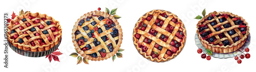 Watercolor set of berry pies png. Appetizing pies with a soft crust and berries on a transparent background. Elements for Thanksgiving, autumn feasts, etc. Vector illustration.