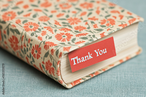 Floral patterned book with red thank you card on blue background