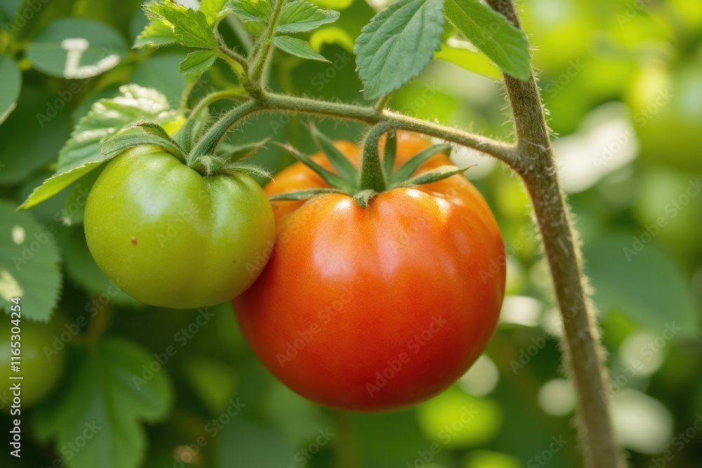 Ripe Red Tomato and Unripe Green Tomato on Vine in Sunlight Ripe Red Tomato and Unripe Green Tomato on Vine in Sunlight