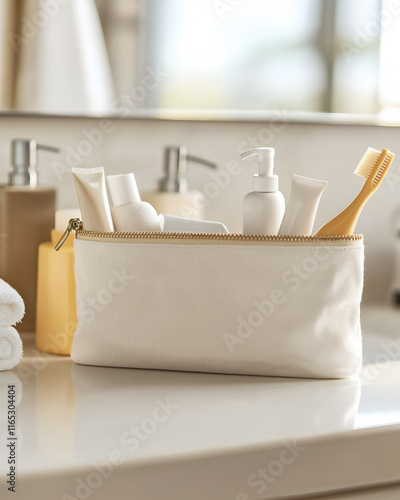 Blank zippered pouch mock up filled with travel sized toiletries on a bathroom counter. Travel concept, free space for text, white color