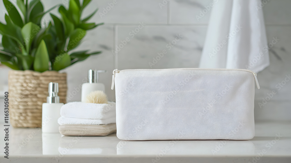Blank zippered pouch mock up filled with travel sized toiletries on a bathroom counter. Travel concept, free space for text, white color Blank zippered pouch mock up filled with travel sized toiletries on a bathroom counter. Travel concept, free space for text, white color