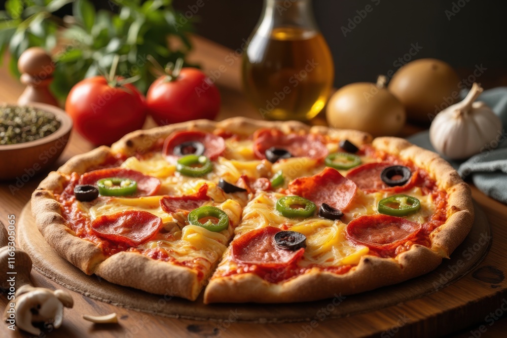 Delicious Freshly Baked Pizza with Toppings and Ingredients Displayed Delicious Freshly Baked Pizza with Toppings and Ingredients Displayed