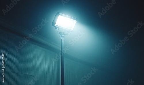Bright floodlight illuminating foggy night.
