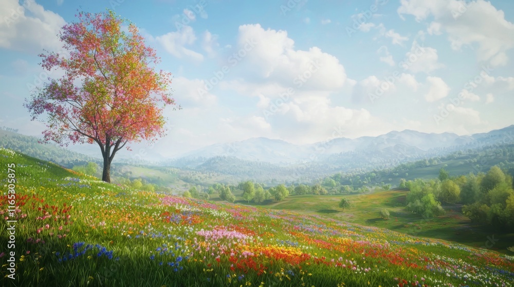 Fototapeta premium Serene Spring Meadow Blooming Wildflowers Tree Mountains
