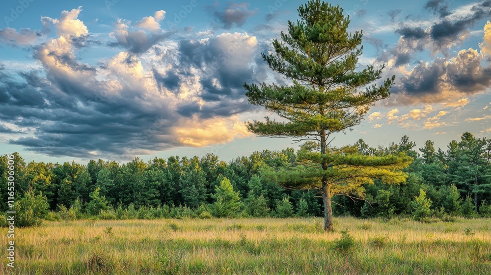 Serene Sunset Meadow Lone Pine Tree Dramatic Sky Peaceful Nature Serene Sunset Meadow Lone Pine Tree Dramatic Sky Peaceful Nature
