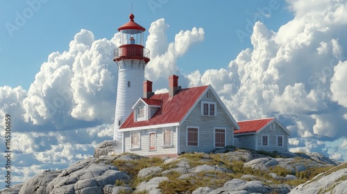 Dramatic Coastal Lighthouse Keeper s House Rocky Coast Cloudscape photo