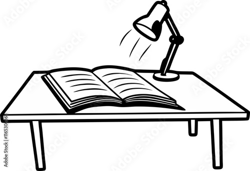 A Hand-Drawn flat icon of a study table with an open book and a lamp on top