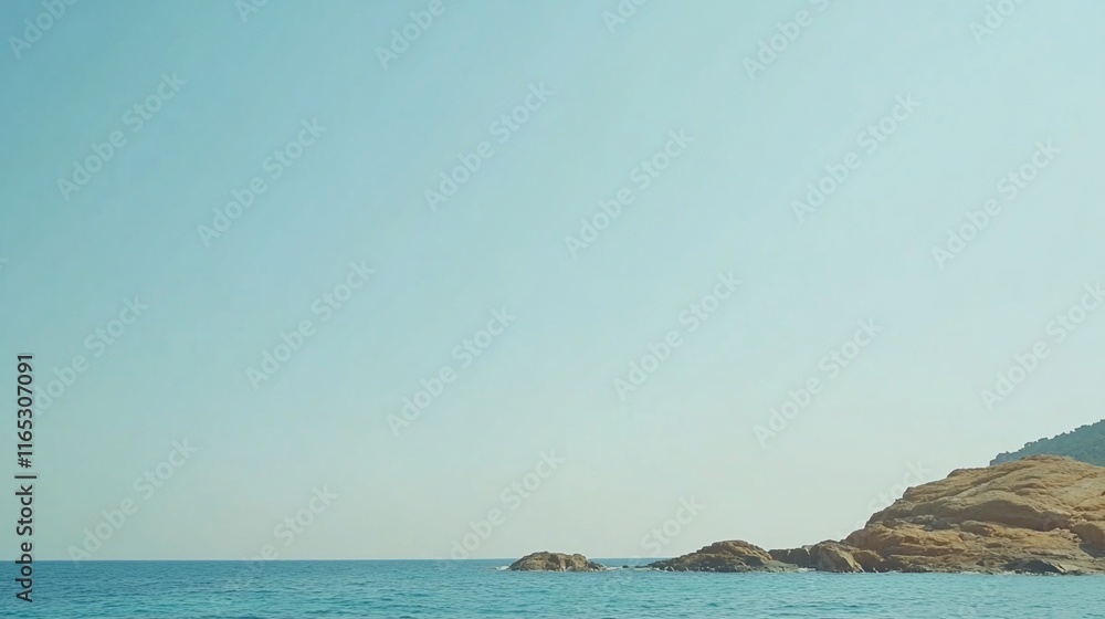 Fototapeta premium Calm sea meeting rocky coast under clear sky.