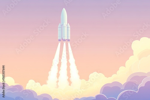 pastel-toned illustration of rocket liftoff with stylized exhaust trails blending into minimalist sky photo