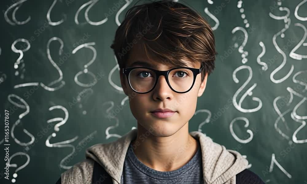 Student with a blackboard with question marks.