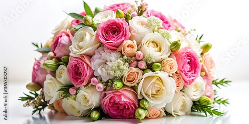 Elegant Wedding Bouquet of Pink, White, and Beige Flowers with Decorative Elements on Isolated White Background for Stunning Food and Event Photography
