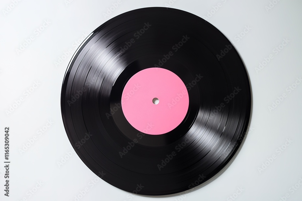 Obraz premium retro vinyl record with pink label at center placed on bright white background for contrast