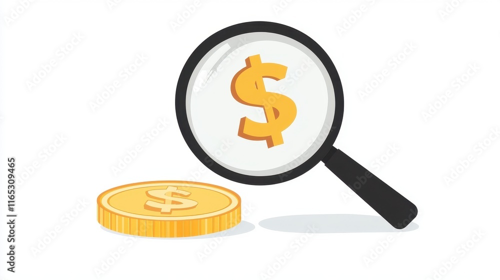 Close-up of a magnifying glass focusing on a dollar sign over a gold coin, symbolizing finance analysis, business research, and investment evaluation in a modern digital context Close-up of a magnifying glass focusing on a dollar sign over a gold coin, symbolizing finance analysis, business research, and investment evaluation in a modern digital context