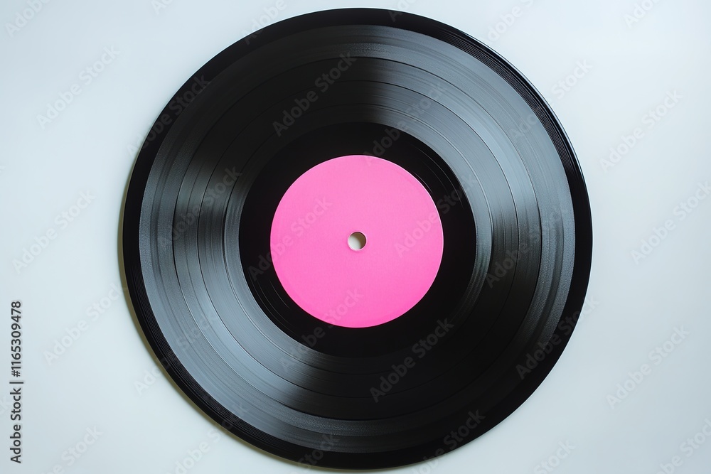 Obraz premium retro vinyl record with pink label at center placed on bright white background for contrast