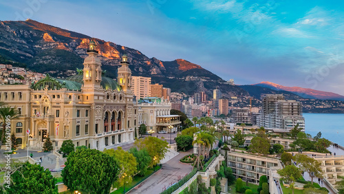 Montecarlo. Aerial view of Monaco skyline at sunset