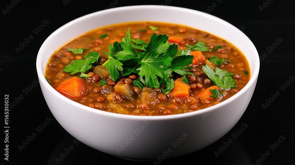 A bowl of lentil soup garnished with fresh parsley and vegetables. A bowl of lentil soup garnished with fresh parsley and vegetables.