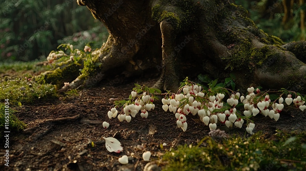 Obraz premium Delicate white flowers scattered at the base of a moss-covered tree trunk.