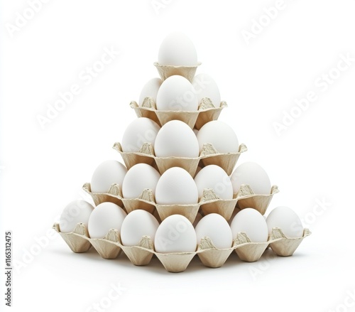 Pyramid of white eggs in cardboard carton on white background. photo