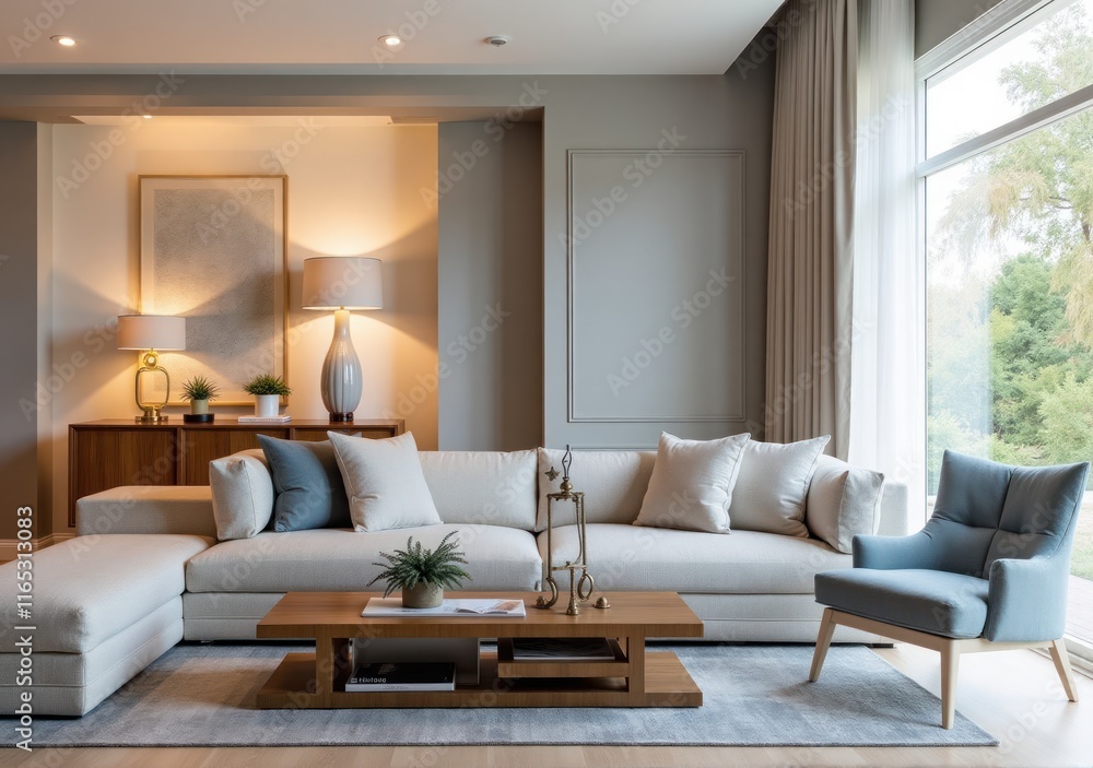 Fototapeta premium coastal-inspired living room with light wood furniture and Pantone's 2025 color in soft furnishings