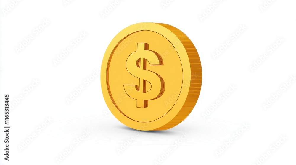Bright Gold Coin with Dollar Symbol on a White Background, Representing Wealth, Currency, Finance, and Investment Opportunities in a Modern Economy Bright Gold Coin with Dollar Symbol on a White Background, Representing Wealth, Currency, Finance, and Investment Opportunities in a Modern Economy