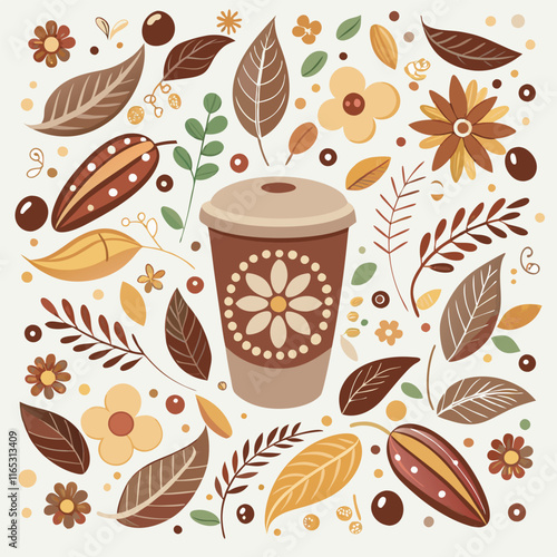 Coffee house and seamless coffee pattern in vintage style background, Coffee beans and coffee elements doodle art illustration.