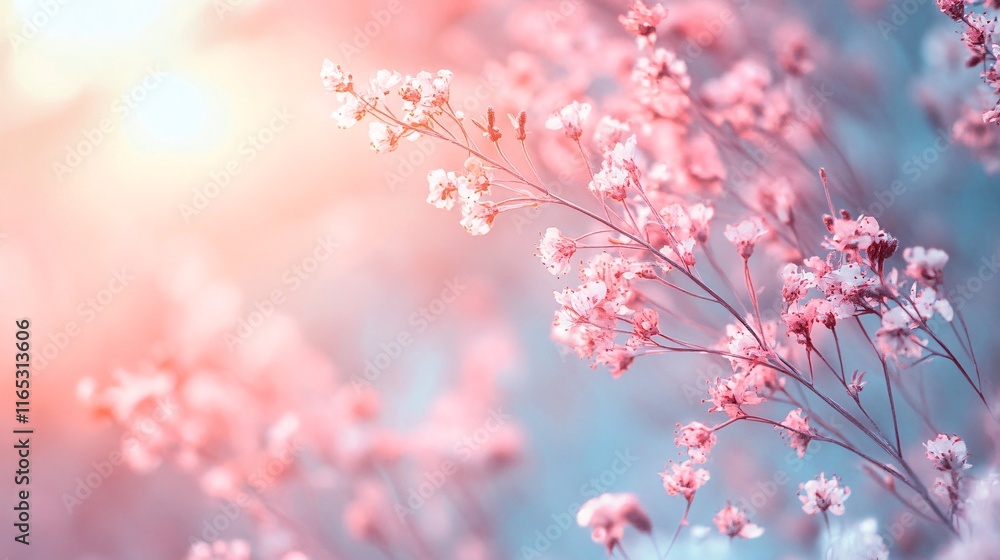 Naklejka premium Delicate pink flowers blooming in spring sunlight with pastel colors