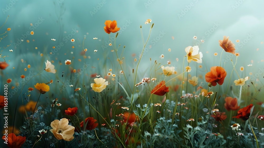 Serene Meadow with Floating Petals and Soft Pastel Colors in Air Serene Meadow with Floating Petals and Soft Pastel Colors in Air