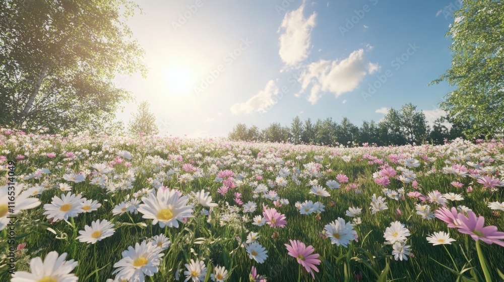 A picturesque Estonian meadow covered with white and pink spring daisy flowers A picturesque Estonian meadow covered with white and pink spring daisy flowers