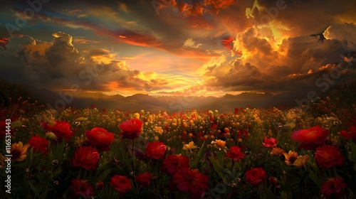 Mystical Sunset Blending Golden Light with Vibrant Floral Field