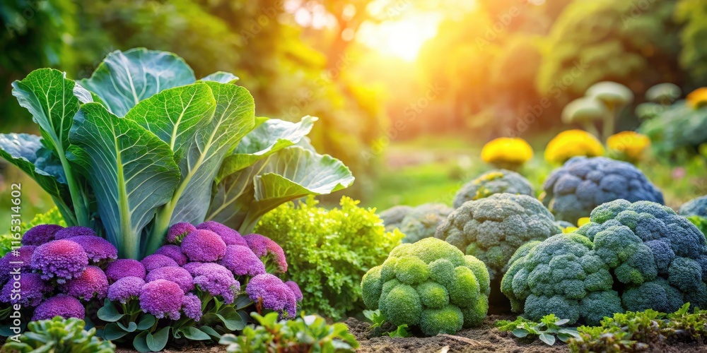 Fresh Broccoli and Ripe Violet Cabbage in a Lush Garden for Vegetarian Dishes, Organic Farming, and Healthy Eating Inspiration Fresh Broccoli and Ripe Violet Cabbage in a Lush Garden for Vegetarian Dishes, Organic Farming, and Healthy Eating Inspiration