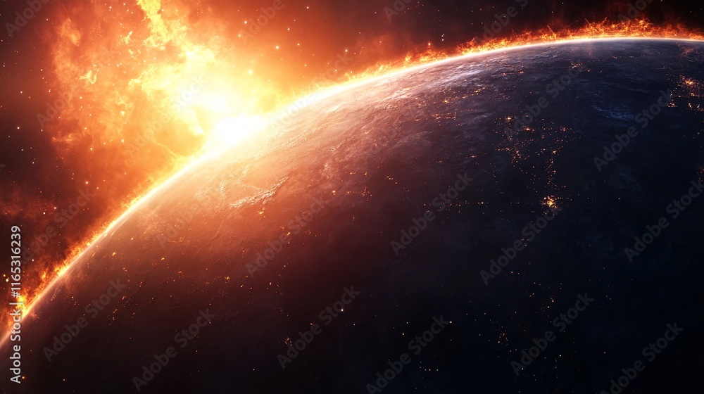 Obraz premium Planet earth burning during solar flare eruption in space