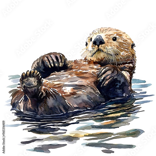 Watercolor painting of a sea otter floating on its back in the water.