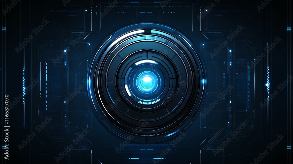 Futuristic technological lens glowing with blue light and circuitry background Futuristic technological lens glowing with blue light and circuitry background