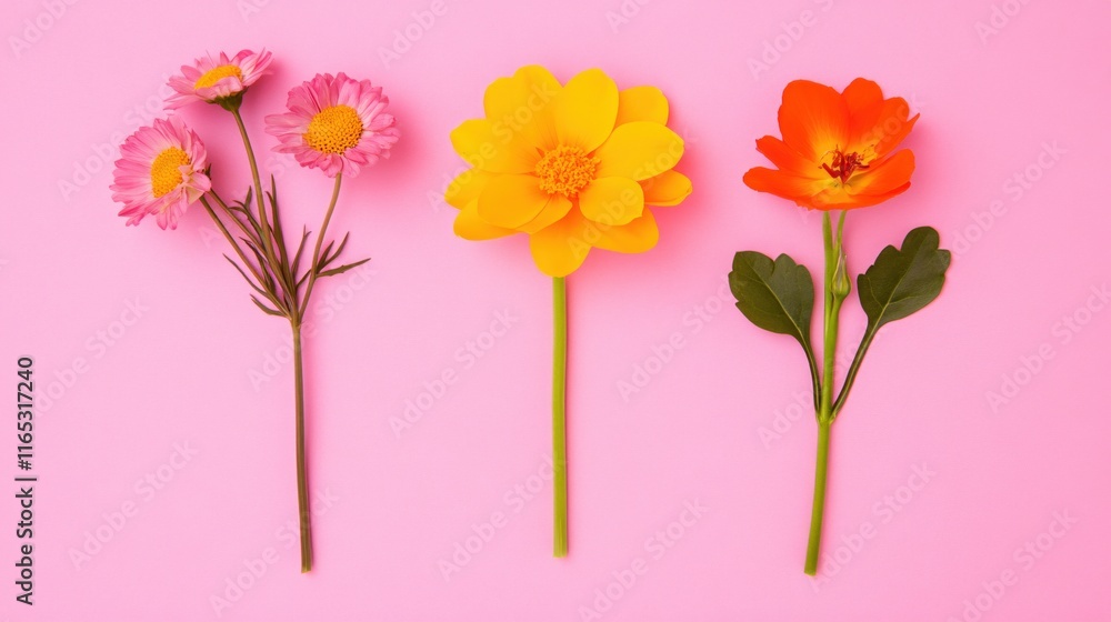 Obraz premium Vibrant Colorful Flowers on Pink Background for Spring and Floral Design